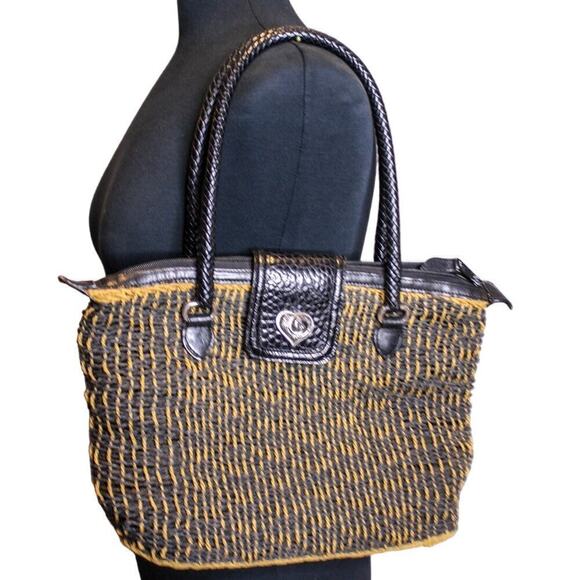 Brighton Shoulder Bag Purse Straw Weave Leather Boho Classic Tan Black - Picture 2 of 5